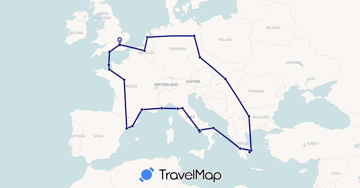 TravelMap itinerary: driving in Belgium, Bulgaria, Czech Republic, Germany, Spain, France, United Kingdom, Greece, Hungary, Italy, Jersey, Netherlands (Europe)